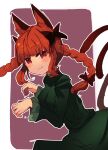  1girl :3 absurdres animal_ears bangs black_bow blunt_bangs blush bow braid cat_ears cat_tail closed_mouth commentary cowboy_shot dress eyebrows_visible_through_hair forked_tail frilled_sleeves frills from_side green_dress hair_bow hands_up highres kaenbyou_rin kurowa_(curowa) long_hair long_sleeves looking_at_viewer paw_pose red_eyes red_hair solo tail touhou twin_braids v-shaped_eyebrows 
