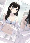  1girl absurdres bare_shoulders bathroom black_hair blue_eyes blurry blurry_foreground bow bow_bra bra breasts commentary_request highres long_hair looking_at_viewer medium_breasts mirror navel off_shoulder open_clothes open_shirt original parted_lips reflection shirt solo stomach takenoko_no_you underwear white_bra white_shirt 