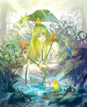  1other :d ambiguous_gender androgynous bird commentary commentary_request e_(h798602056) enkidu_(fate) fate/grand_order fate/strange_fake fate_(series) grass green_eyes green_hair holding holding_leaf leaf long_hair long_sleeves looking_at_viewer sitting smile solo standing standing_on_liquid tree water white_robe 
