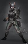  2022 absurd_res armor boots bottomwear clothing domestic_cat felid feline felis footwear gradient_background gun headgear helmet hi_res mammal military pants pgm300 plantigrade ranged_weapon red_eyes rifle simple_background uniform weapon 