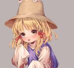  1girl 80isiiii :p bangs blonde_hair blush eyebrows_visible_through_hair floppy_sleeves grey_background hair_ribbon hat highres long_hair looking_at_viewer moriya_suwako purple_vest red_ribbon ribbon simple_background sleeves_past_fingers sleeves_past_wrists solo tongue tongue_out touhou turtleneck upper_body vest 