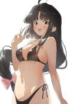  1girl ahoge bare_arms bare_shoulders bikini black_bikini black_hair blush breasts brown_eyes cleavage eyebrows_visible_through_hair kantai_collection long_hair low-tied_long_hair medium_breasts navel open_mouth shouhou_(kancolle) simple_background smile solo swimsuit toka_(marchlizard) upper_body v very_long_hair white_background 