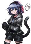  1girl animal_ears arknights black_gloves black_jacket black_shirt black_shorts blue_hair blush cat_ears cat_girl cat_tail cowboy_shot gloves green_eyes headset highres implied_extra_ears jacket jessica_(arknights) looking_at_viewer multicolored_hair open_mouth pink_hair ponytail ruyu_(txzy22) shirt shorts simple_background solo speech_bubble spoken_squiggle squiggle streaked_hair tail tearing_up thigh_strap white_background 