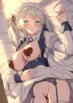  1girl alexmaster apron aqua_eyes bangs bed_sheet black_ribbon blonde_hair blush breasts candy chocolate chocolate_on_breasts chocolate_on_pussy cleavage covered_nipples covering covering_crotch detached_collar eyebrows_visible_through_hair food frown garter_belt garter_straps hand_on_own_stomach heart heart-shaped_chocolate large_breasts lifted_by_self long_hair looking_at_viewer lying maid maid_apron maid_headdress no_bra no_panties on_back on_bed open_mouth original ribbon solo thighhighs twintails underwear valentine white_legwear 