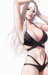 1girl arm_up armpits bare_shoulders bikini black_bikini breasts cocoro_moto feet_out_of_frame hair_between_eyes hand_up hands_on_own_head highres long_hair mole mole_on_breast mole_under_eye navel nier_(series) open_mouth parted_lips red_eyes sidelocks simple_background solo stomach swimsuit teeth upper_teeth white_background white_hair yorha_type_a_no._2 