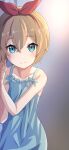  1girl absurdres bangs bare_arms blonde_hair blue_dress blue_eyes bow camui1104 closed_mouth collarbone commentary dress eyebrows_visible_through_hair grey_background hair_between_eyes hair_bow hairband highres looking_at_viewer lying nightgown on_side petra_macneary re:zero_kara_hajimeru_isekai_seikatsu red_bow red_hairband shiny shiny_hair short_hair sleepwear sleeveless sleeveless_dress smile solo 