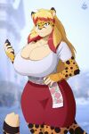  absurd_res anthro big_breasts blonde_hair blue_eyes breasts cleavage clothed clothing felid female fur hair hi_res huge_breasts kirumo-kat looking_at_viewer mammal multicolored_hair pantherine smile solo spots spotted_body spotted_fur two_tone_hair 
