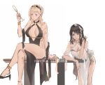  2girls absurdres artist_name bangs bare_legs bare_shoulders black_dress black_footwear black_hair blonde_hair blue_eyes blush bracelet breasts character_request cleavage closed_mouth collarbone crossed_legs cup dress drinking_glass earrings eyebrows_visible_through_hair hair_ornament hairband hand_in_hair hand_on_table high_heels highres holding holding_cup jewelry large_breasts leaning_forward legs lips long_hair looking_at_viewer multiple_girls rifu_(643763873) sitting sitting_on_table standing thighs warship_girls_r white_background white_dress wine_glass 