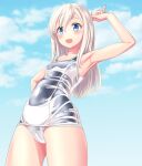  1girl absurdres alternate_skin_color blonde_hair blue_eyes blue_sky blue_swimsuit breasts cameltoe cloud cowboy_shot day from_below highres kantai_collection layered_swimsuit long_hair old_school_swimsuit outdoors ro-500_(kancolle) school_swimsuit sky small_breasts solo standing swimsuit takafumi 