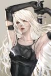  1girl android armpits arms_up artstation_username bare_shoulders blue_eyes breasts collared_shirt elbow_gloves feet_out_of_frame gloves grey_background highres holding holding_weapon instagram_username long_hair looking_at_viewer medium_breasts mole mole_under_mouth nier_(series) nier_automata nier_reincarnation open_mouth parted_lips red_lips shirt silver_hair solo sword twitter_username upper_body wandzardeen weapon white_hair yorha_type_a_no._2 