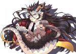  1boy 1girl bangs black_hair black_necktie carrying collared_shirt curled_horns dragon_boy dragon_horns dragon_tail earrings fingernails furry furry_male fuxi_(housamo) hair_between_eyes highres horns jewelry kizami_nori_to_yamaimo loafers long_hair looking_at_another master_2_(housamo) necktie princess_carry purple_eyes red_suit school_uniform sharp_fingernails shirt shoes size_difference skirt smile tail tokyo_afterschool_summoners white_background 