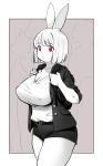  1girl :o albino animal_ear_fluff animal_ears animal_nose backpack bag bangs belt belt_buckle black_bag black_belt black_jacket black_shorts blunt_bangs blunt_ends blush bob_cut body_fur border breasts buckle cleavage collarbone covered_nipples cowboy_shot crosshatching curvy eyebrows_visible_through_hair eyes_visible_through_hair from_side furry furry_female geso_smith grey_background hands_up hatching_(texture) highres holding_strap huge_breasts jacket long_sleeves looking_at_viewer looking_to_the_side monochrome_background open_clothes open_jacket original outdoors outside_border parted_lips people rabbit_ears rabbit_girl red_eyes shirt shirt_tucked_in short_hair short_shorts shorts sleeves_pushed_up solo_focus t-shirt thick_thighs thighs walking white_border white_fur white_hair white_shirt 