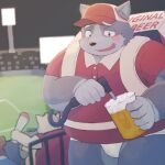  2022 alcohol anthro beer beverage blush canid canine canis chocobibear clothing domestic_dog group hat headgear headwear humanoid_hands kemono male mammal outside overweight overweight_male shirt stadium topwear underwear 
