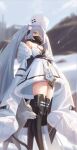  1girl azur_lane bangs bare_shoulders black_footwear black_scarf boots breasts cleavage coat coat_dress dress eyebrows_visible_through_hair feet_out_of_frame from_below fur-trimmed_coat fur_trim hair_between_eyes hair_over_one_eye highres kiev_(azur_lane) long_bangs long_hair looking_at_viewer medium_breasts papakha red_eyes sansan_(dongfangzhong111) scarf silver_hair solo standing thigh_boots thighhighs thighs twintails very_long_hair white_coat white_dress white_headwear winter winter_clothes wolf 