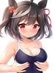  1girl ahoge animal_ears bangs bare_arms bare_shoulders black_hair black_swimsuit blush breasts cleavage closed_mouth collarbone commentary_request eyebrows_visible_through_hair grey_hair hair_ornament horse_ears kitasan_black_(umamusume) medium_breasts multicolored_hair nikoo one-piece_swimsuit red_eyes simple_background solo streaked_hair swimsuit two_side_up umamusume upper_body white_background 