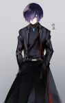  1boy belt black_belt black_coat black_pants black_shirt blue_eyes chain coat grey_background hair_over_one_eye hands_in_pockets highres long_sleeves looking_to_the_side lor_(roasyerizyonirapi) male_focus open_clothes open_coat pants persona persona_3 purple_hair shirt short_hair solo yuuki_makoto 
