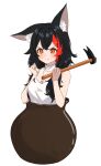  1girl absurdres animal_ear_fluff animal_ears bangs bare_arms black_hair blush brown_eyes cauldron closed_mouth commentary daichi_(daichi_catcat) getting_over_it hair_ornament hammer highres holding holding_hammer hololive long_hair looking_away multicolored_hair ookami_mio red_hair shirt simple_background sleeveless sleeveless_shirt solo streaked_hair symbol-only_commentary tearing_up v-shaped_eyebrows virtual_youtuber white_background white_shirt wolf_ears x_hair_ornament 