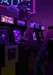  absurd_res anthro arcade blacklight canid canine clothed clothing deedoss demon desmond_(deedoss) dim_lighting domestic_cat felid feline felis female fluff_(deedoss) fox glowing group hanging_out hi_res male mammal persian_cat retro vicky_(deedoss) video_games 