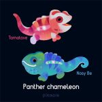  animal animal_focus artist_name black_background chameleon closed_mouth commentary english_text from_side lizard no_humans open_mouth original panther_chameleon pikaole simple_background smile standing watermark 