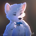  1:1 2021 anthro arctic_fox blue_eyes bow_tie bust_portrait canid canine clothed clothing dated fox fur leto_(letodoesart) letodoesart mammal portrait shirt simple_background topwear white_body white_fur 