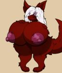  anthro big_breasts breasts demon female firepawdacat_(artist) fluffy fluffy_tail fur genitals hair hand_on_breast hi_res huge_breasts hyper hyper_breasts lodish long_hair markings nude pussy red_body red_fur short_stack solo thick_thighs white_hair 