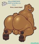  2022 all_fours anthro anthro_on_anthro backsack balls big_butt brown_bear butt cartoon_network dialogue duo english_text eyebrows fur genitals grey_background grizzly_(wbb) grizzly_bear hi_res huge_butt hunnipanda looking_back male male/male mammal nude open_mouth open_smile pawpads penis perineum ralph_(wbb) sasquatch simple_background smile solo_focus teeth text thick_thighs tongue tuft url ursid ursine we_bare_bears 