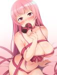  1girl areola_slip areolae bangs bed_sheet blush breasts chocolate commentary_request covering_mouth food head_tilt holding holding_food honda_naoki large_breasts long_hair looking_at_viewer naked_ribbon navel nude on_bed original pink_hair red_eyes red_ribbon ribbon sitting solo sweat valentine white_background 