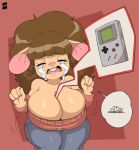  2022 4_fingers absurd_res anthro between_breasts big_breasts bodily_fluids bottomwear breasts brown_hair buckteeth cleavage clothed clothing crying dialogue emma_martin english_text eyelashes eyes_closed female fingers game_boy game_boy_family gwen_geek hair hi_res huge_breasts joaoppereiraus mammal mature_anthro mature_female mouse murid murine nintendo open_mouth pants rodent signature simple_background solo speech_bubble sweater tears teeth text thick_thighs topwear video_games 