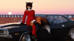  16:9 3d_(artwork) absurd_res anthro blender_(software) canid canine car clothed clothing digital_media_(artwork) female fox hi_res mammal pinup pose rosa(rosecreates) rosecreates simple_background sky solo sunset vehicle widescreen 