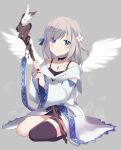  1girl absurdres angel_wings blue_eyes flower fujishiro_emyu hair_flower hair_ornament highres holding holding_staff holding_weapon isuzu_ren magia_record:_mahou_shoujo_madoka_magica_gaiden mahou_shoujo_madoka_magica ribbon simple_background smile solo staff weapon white_hair wide_sleeves wings 