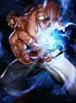  1boy abs barefoot beard black_hair closed_mouth facial_hair fighting_stance hadouken headband highres large_pectorals male_focus morry muscular muscular_male nipples pants pectorals red_headband ryu_(street_fighter) short_hair solo street_fighter street_fighter_6 topless_male vambraces white_pants 