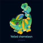  animal animal_focus artist_name black_background chameleon closed_mouth commentary english_text lizard looking_at_another no_humans original pikaole simple_background smile standing watermark 