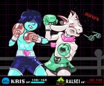  2022 anthro blue_body blue_skin bottomwear bovid boxing boxing_gloves caprine clothing dcheese deltarune digital_media_(artwork) duo eyewear fighting_ring fur gameplay_mechanics geometric_background glasses goat grid_background hair hair_over_eyes handwear head_tuft health_bar hi_res horn human kris_(deltarune) male mammal monster mouthguard navel pattern_background punch ralsei scarf shorts simple_background sport tuft undertale_(series) video_games white_body white_fur 