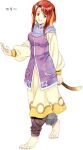 1girl agahari animal_ears arm_at_side barefoot black_pants breasts brown_eyes character_request digitigrade dog_ears dog_girl dog_tail dress fingernails full_body long_sleeves looking_at_viewer lost_technology non-web_source outstretched_hand pants pocket puffy_long_sleeves puffy_sleeves purple_scarf purple_vest red_hair scarf sharp_fingernails sharp_toenails short_hair_with_long_locks sidelocks simple_background smile solo tail toenails vest walking white_background yellow_dress 