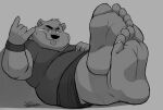  5_toes anthro band-aid bandage barefoot brown_bear claws clothed clothing dj-rodney feet foot_fetish gesture humanoid_feet male mammal overweight overweight_anthro overweight_male paws soles solo toes tongue tongue_out ursid ursine 