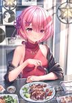  1girl black_jacket blush breasts clothes_pull dress food fork hair_ornament highres holding holding_fork jacket jacket_partially_removed jacket_pull jewelry looking_at_viewer medium_breasts meme_attire necklace on_chair open_clothes pink_eyes pink_hair ram_(re:zero) re:zero_kara_hajimeru_isekai_seikatsu red_sweater sannio short_hair sitting smile solo sweater sweater_dress virgin_killer_sweater x_hair_ornament 