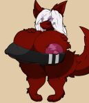  anthro big_breasts breasts clothed clothing demon female firepawdacat_(artist) fluffy fluffy_tail fur genitals gris_swimsuit hair hand_on_breast hi_res huge_breasts hyper hyper_breasts lodish long_hair markings meme meme_clothing nipple_outline one-piece_swimsuit red_body red_fur short_stack solo swimwear thick_thighs translucent translucent_clothing translucent_swimwear white_hair 