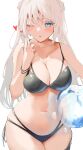  1girl ashita_no_sakuya ball bare_shoulders beachball bikini black_bikini blowing_kiss blue_eyes blue_nails blush highres side-tie_bikini solo swimsuit thighs white_background white_hair wide_hips 