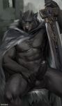  2022 anthro balls blaidd_(elden_ring) canid canine canis chunie digital_media_(artwork) elden_ring erection foreskin genitals hi_res holding_object holding_weapon looking_at_viewer male mammal muscular muscular_male nipples nude penis retracted_foreskin sitting solo weapon wolf 