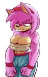  accessory amy_rose angry anthro big_breasts bottomwear box_chan breasts chest_wraps cleavage cleavage_overflow clothed clothing eulipotyphlan eyeshadow female fist fur green_eyes headband hedgehog lipstick looking_down makeup mammal mascara midriff muscular muscular_anthro muscular_female navel pale_fur pants pink_body pink_fur sega simple_background solo sonic_the_hedgehog_(series) vein wraps wristband 