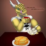  anthro beverage breakfast casual_vore coffee dragon happy hi_res licking licking_lips male musclegut smile syrup tongue tongue_out vore waffles wolfywetfurr_(artist) 