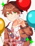  1boy anniversary balloon brown_hair brown_jacket collarbone eyebrows_visible_through_hair green_eyes hair_behind_ear highres jacket jewelry korean_text male_focus min_suha necklace nijisanji nijisanji_kr parted_lips shirt smile solo sparkle upper_body v virtual_youtuber white_background white_shirt yoyohachi_(44ku8n) 