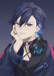  1boy black_background black_shirt blue_hair blue_jacket collarbone hair_behind_ear hair_between_eyes hand_on_own_face headphones headphones_around_neck highres jacket lightning_bolt_earrings looking_at_viewer male_focus multicolored_hair nijisanji nijisanji_en shirt smile solo streaked_hair virtual_youtuber wenz yugo_asuma 