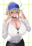  1girl absurdres ahoge artoria_pendragon_(fate) aya_roushi baseball_cap black_skirt blonde_hair blue_eyes blue_headwear blush breasts cleavage collarbone collared_shirt dress_shirt fate/grand_order fate_(series) glasses grin hair_between_eyes hair_through_headwear hat highres large_breasts long_hair long_sleeves looking_at_viewer mysterious_heroine_xx_(fate) office_lady pencil_skirt ponytail shirt sidelocks skirt smile solo sparkle white_shirt 