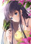  1girl :o absurdres bangs bare_shoulders black_hair blue_eyes breasts bug butterfly butterfly_earrings butterfly_on_hand collarbone dress earrings eyebrows_visible_through_hair flower hand_up highres jewelry koki_(latte1023) leaf long_hair medium_breasts original rain upper_body yellow_dress 