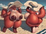  absurd_res anthro areola ball barely_visible_genitalia barely_visible_pussy beach beach_ball big_areola big_breasts big_butt breasts butt canid canine clothing dark_areola eyes_closed female fox front_and_back genitals hat headgear headwear hi_res holding_clothing holding_hat holding_headgear holding_headwear holding_object huge_breasts huge_butt huge_thighs inflatable mammal mostly_nude multiple_poses neck_tuft nipples outside patacon pose pussy seaside short_stack slightly_chubby solo sun_hat thick_thighs tuft wave wide_hips 