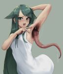  1girl :d arm_behind_head arm_up armpits bangs bare_arms blush body_horror commentary dress eu03 green_background green_eyes green_hair hair_flaps hand_up horror_(theme) long_hair looking_at_viewer monster_girl saliva saya_(saya_no_uta) saya_no_uta simple_background sleeveless sleeveless_dress smile solo sweatdrop teeth tongue tongue_out upper_teeth very_long_hair white_dress 