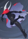  arthropod black_body butt chrysalisdraws clothed clothing female hi_res holding_melee_weapon hollow_knight hornet_(hollow_knight) low-angle_view no_underwear solo team_cherry video_games 