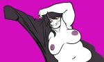  anthro areola belly big_breasts black_hair breasts catti_(deltarune) clothing deep_navel deltarune domestic_cat dressing ear_piercing ear_ring felid feline felis female front_view fur hair half-closed_eyes hi_res highlights_(coloring) huge_breasts kannoie love_handles mammal mostly_nude narrowed_eyes navel nipples overweight overweight_anthro overweight_female piercing purple_highlights simple_background solo topwear undertale_(series) video_games whiskers white_body white_fur yellow_sclera 