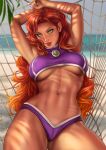  1girl beach breasts dandon_fuga dc_comics green_eyes hammock highres non-web_source pose red_hair smirk solo starfire teen_titans underboob 